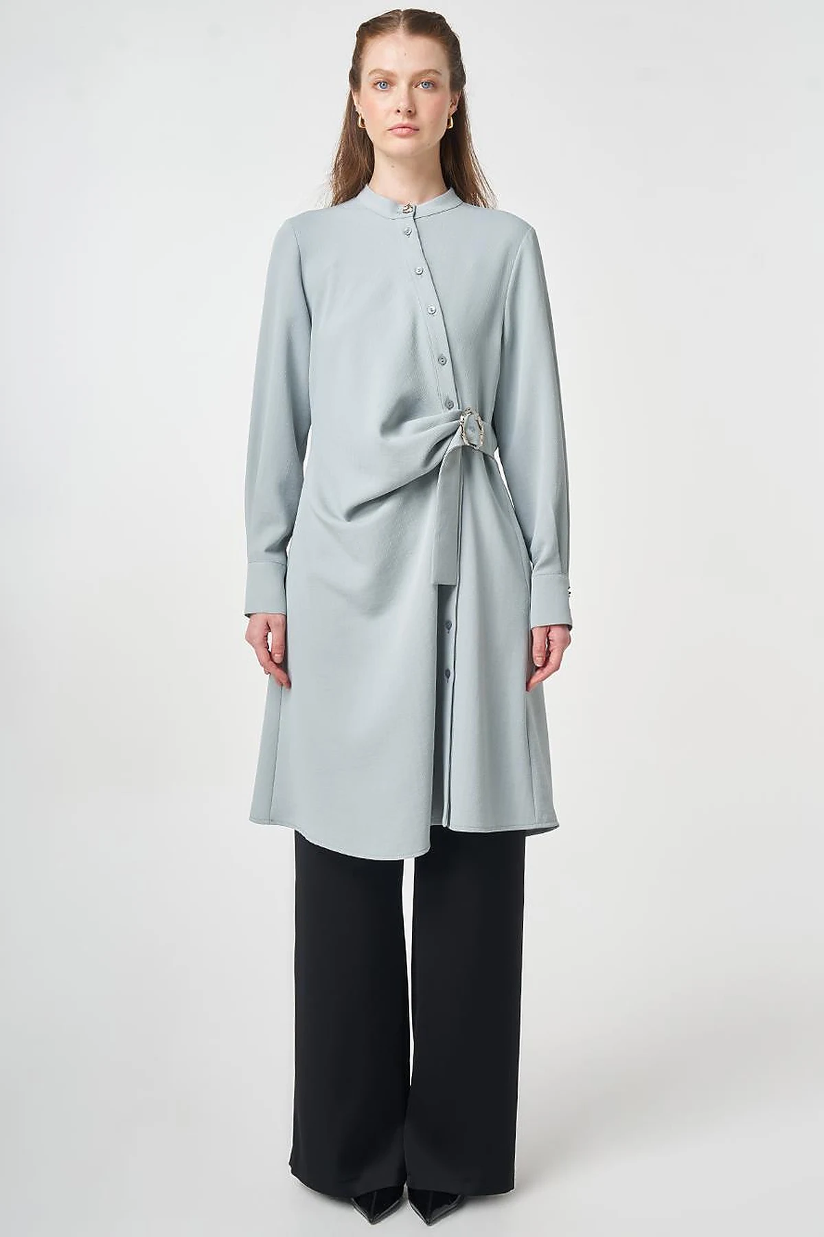 Cross-Buttoned Long Tunic Gray
