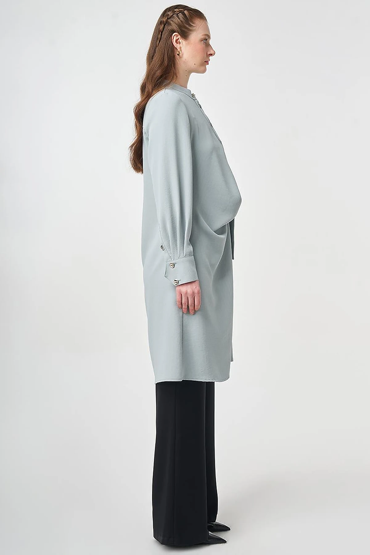 Cross-Buttoned Long Tunic Gray