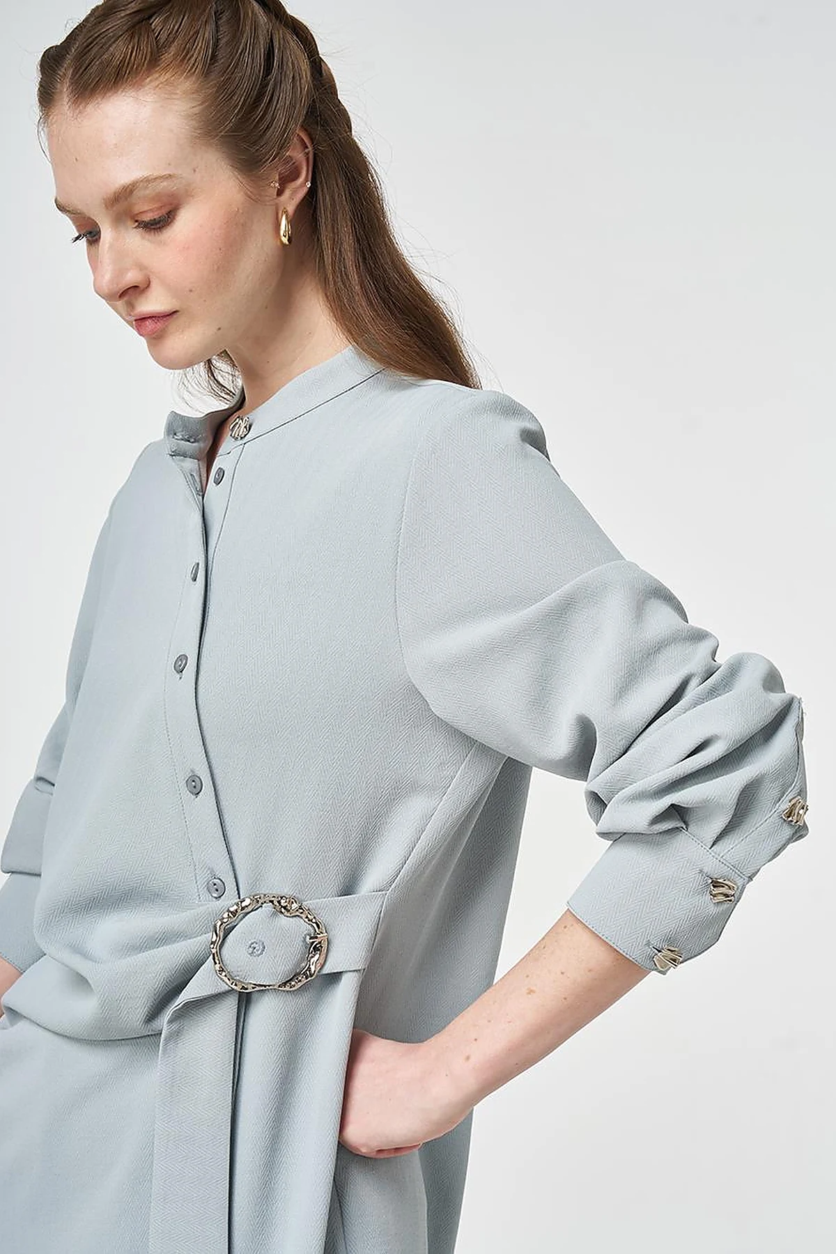 Cross-Buttoned Long Tunic Gray