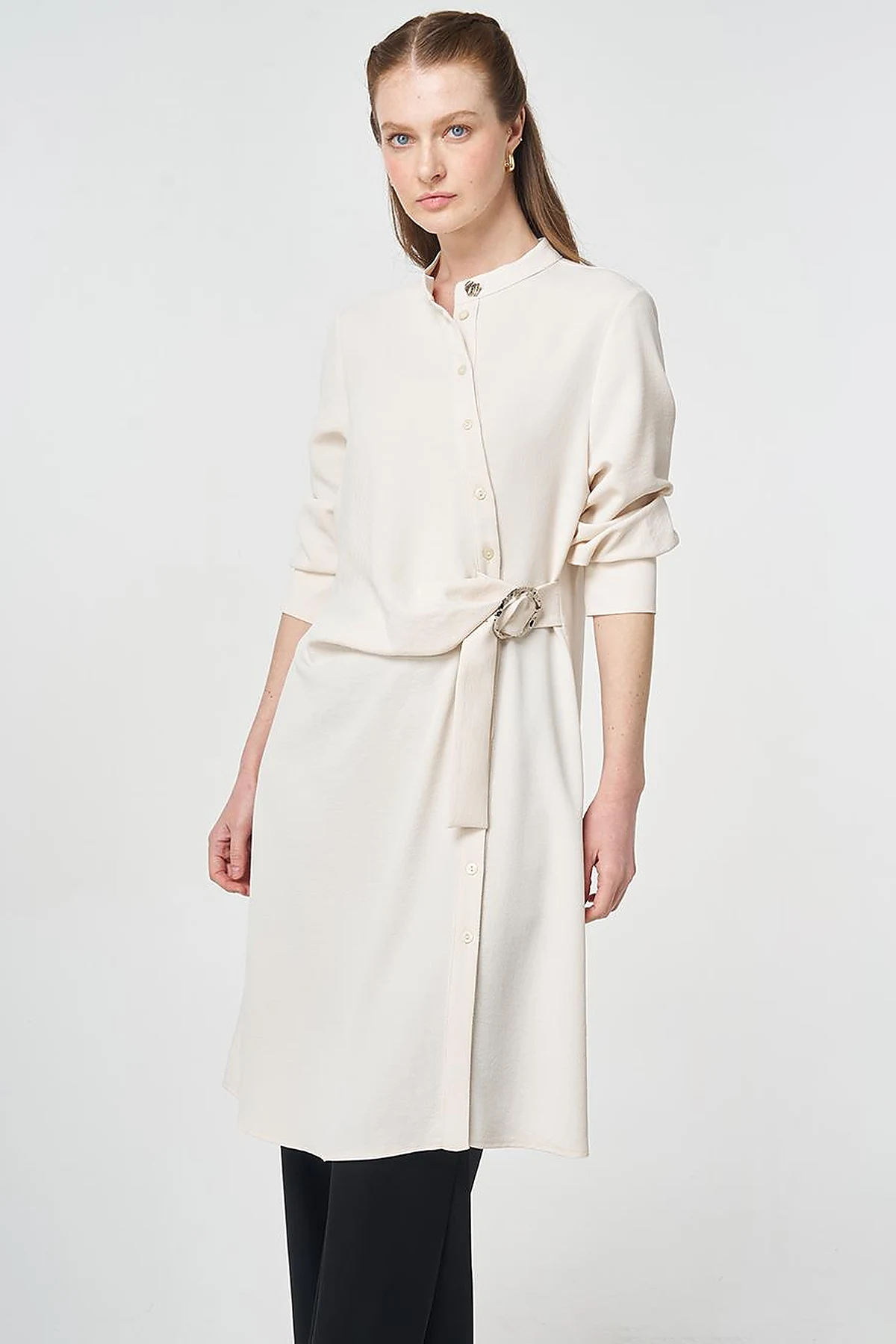 Cross-Buttoned Long Tunic Cream
