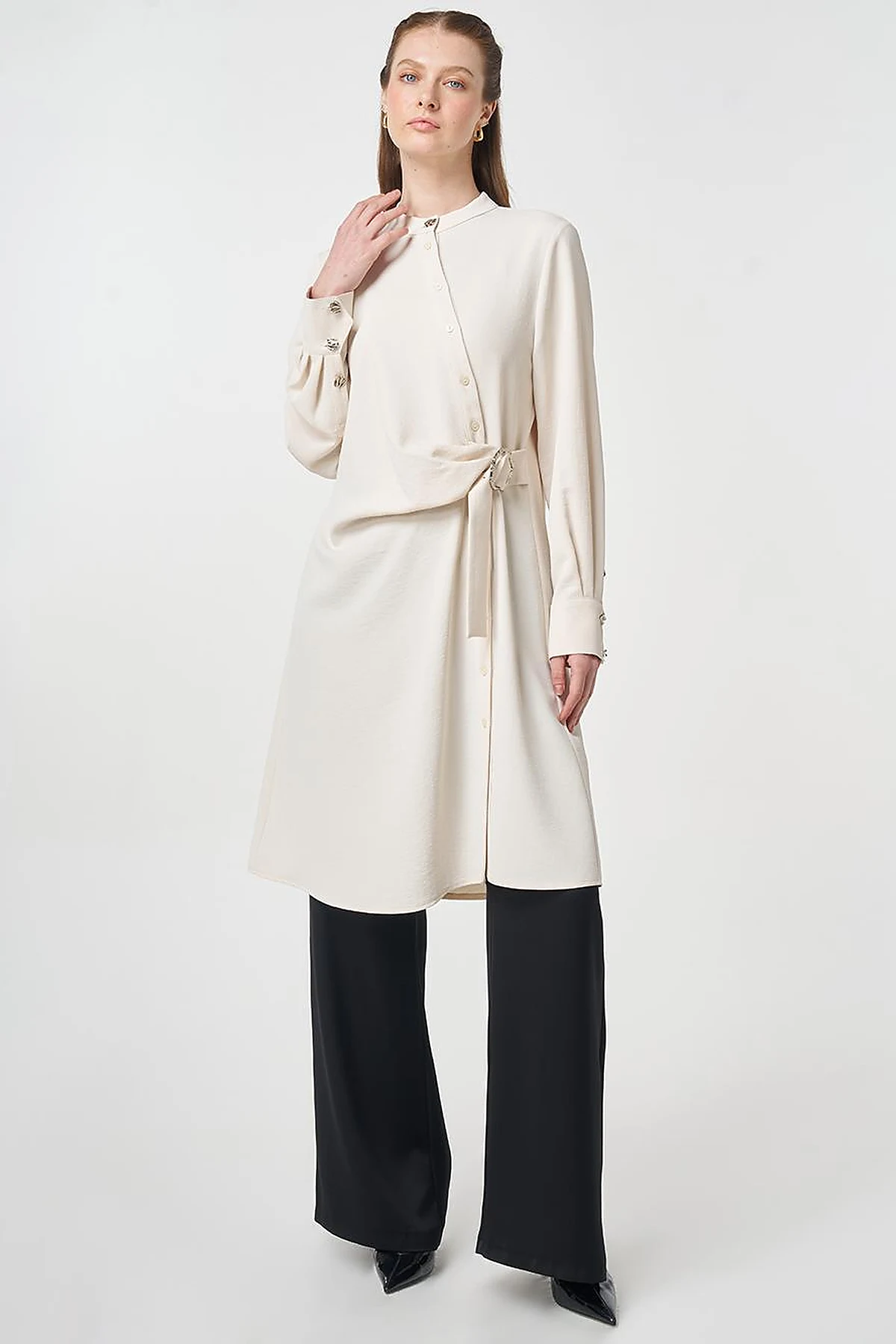 Cross-Buttoned Long Tunic Cream