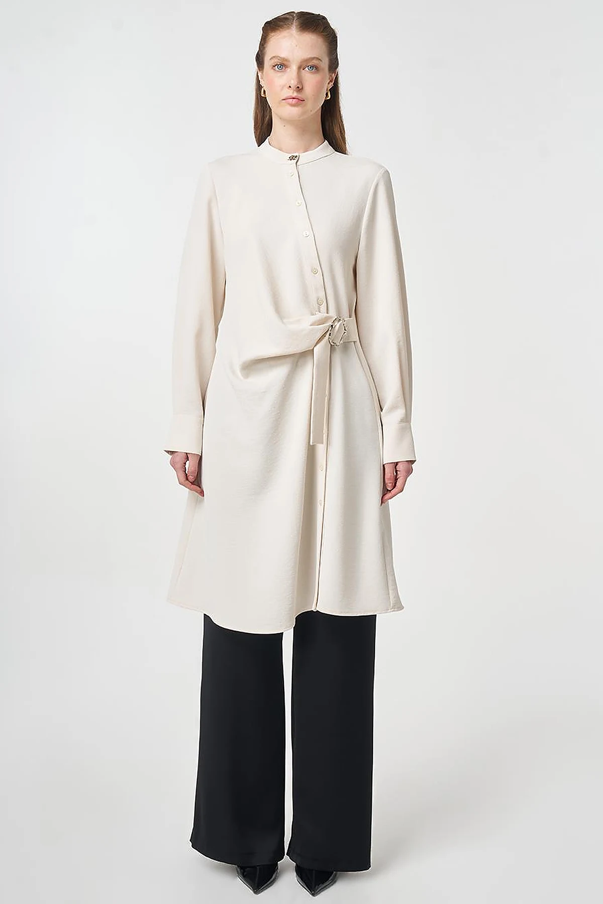 Cross-Buttoned Long Tunic Cream
