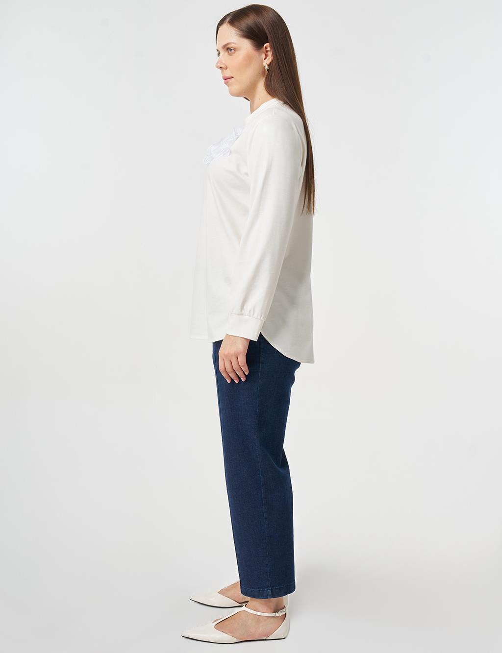 File Garnili Örme Tunik Optik Beyaz