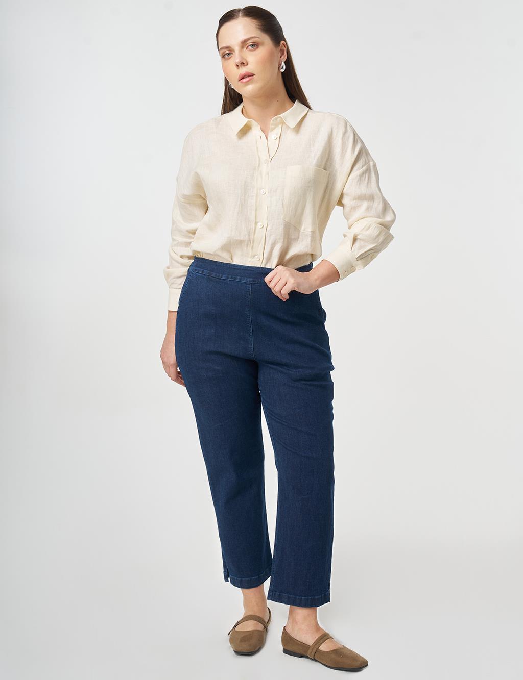 Elastic Waist Washed Denim Pants Indigo