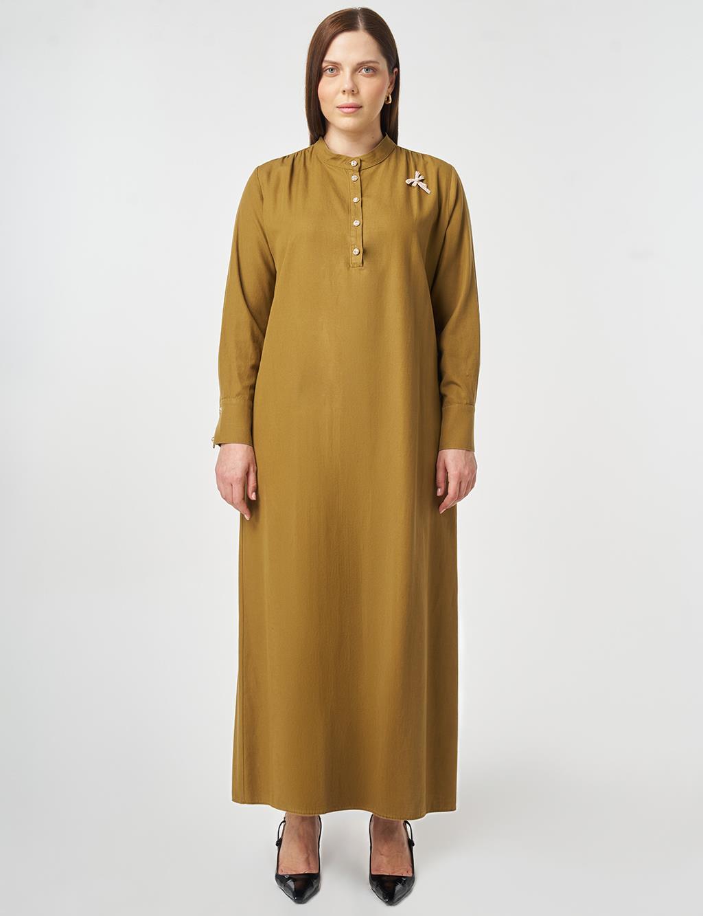 Mandarin Collar Lyocell Cotton Dress Dark Olive