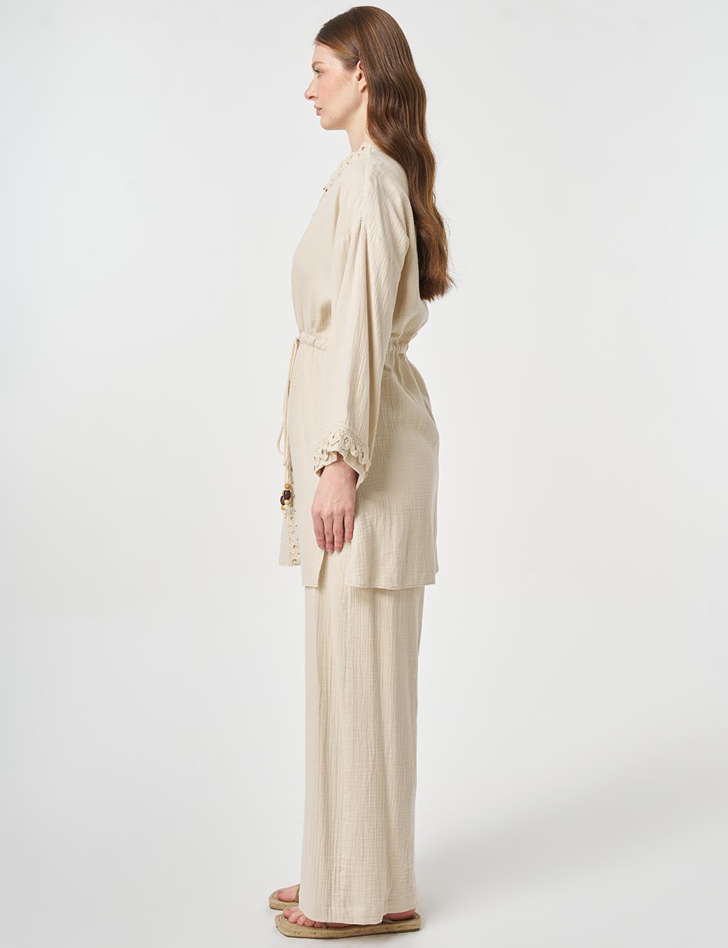 Striped Lace Detail Muslin Two-Piece Set Stone