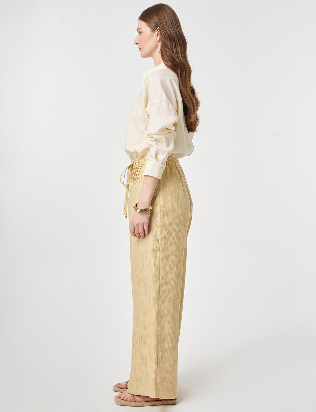 Wide Leg Crinkle Trousers Light Yellow