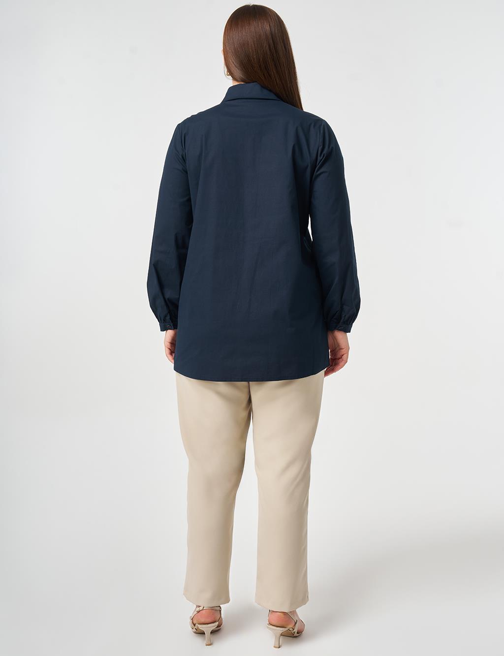 Mesh Trimmed Peter Baby Collar Blouse Dark Navy