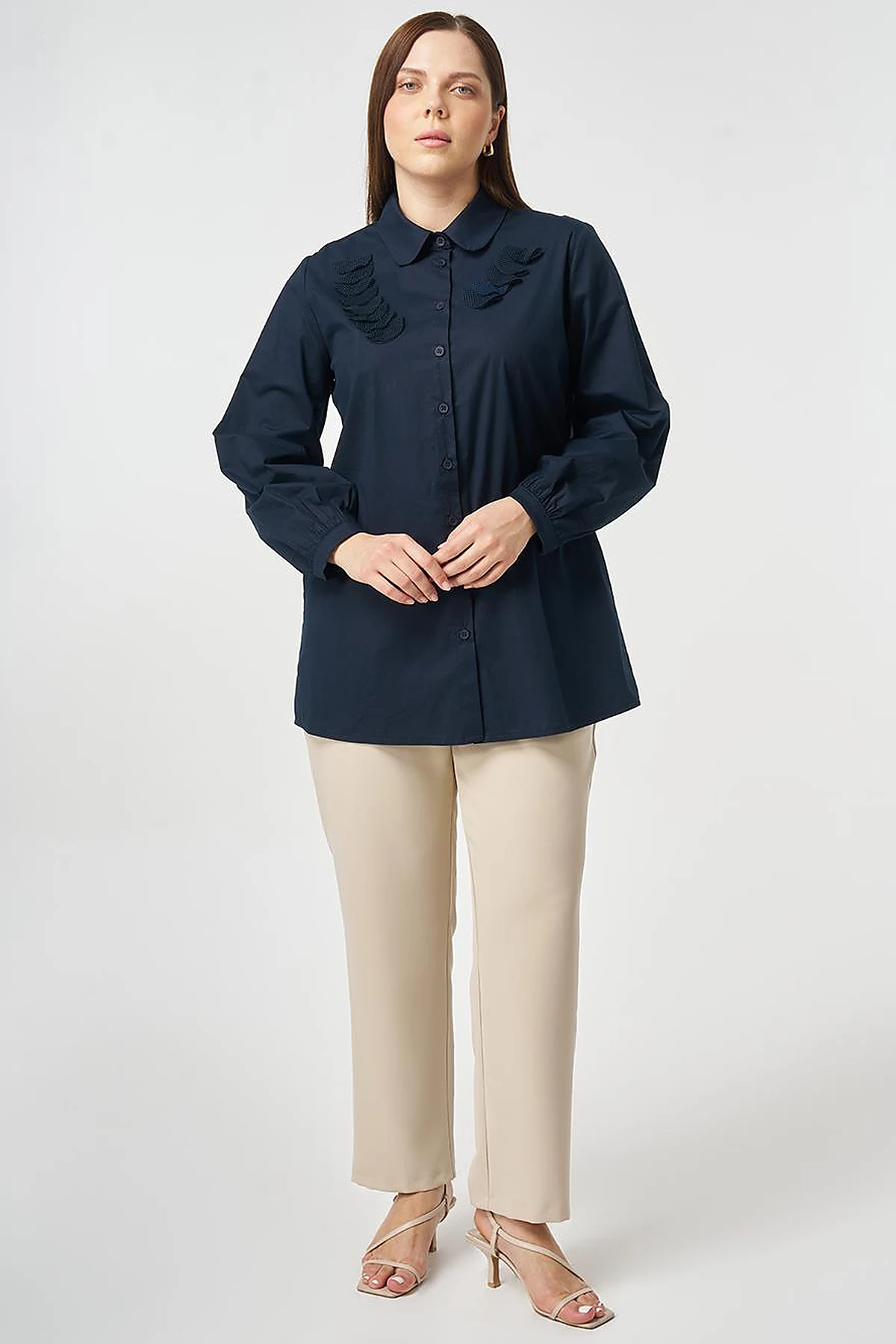 Mesh Trimmed Peter Baby Collar Blouse Dark Navy