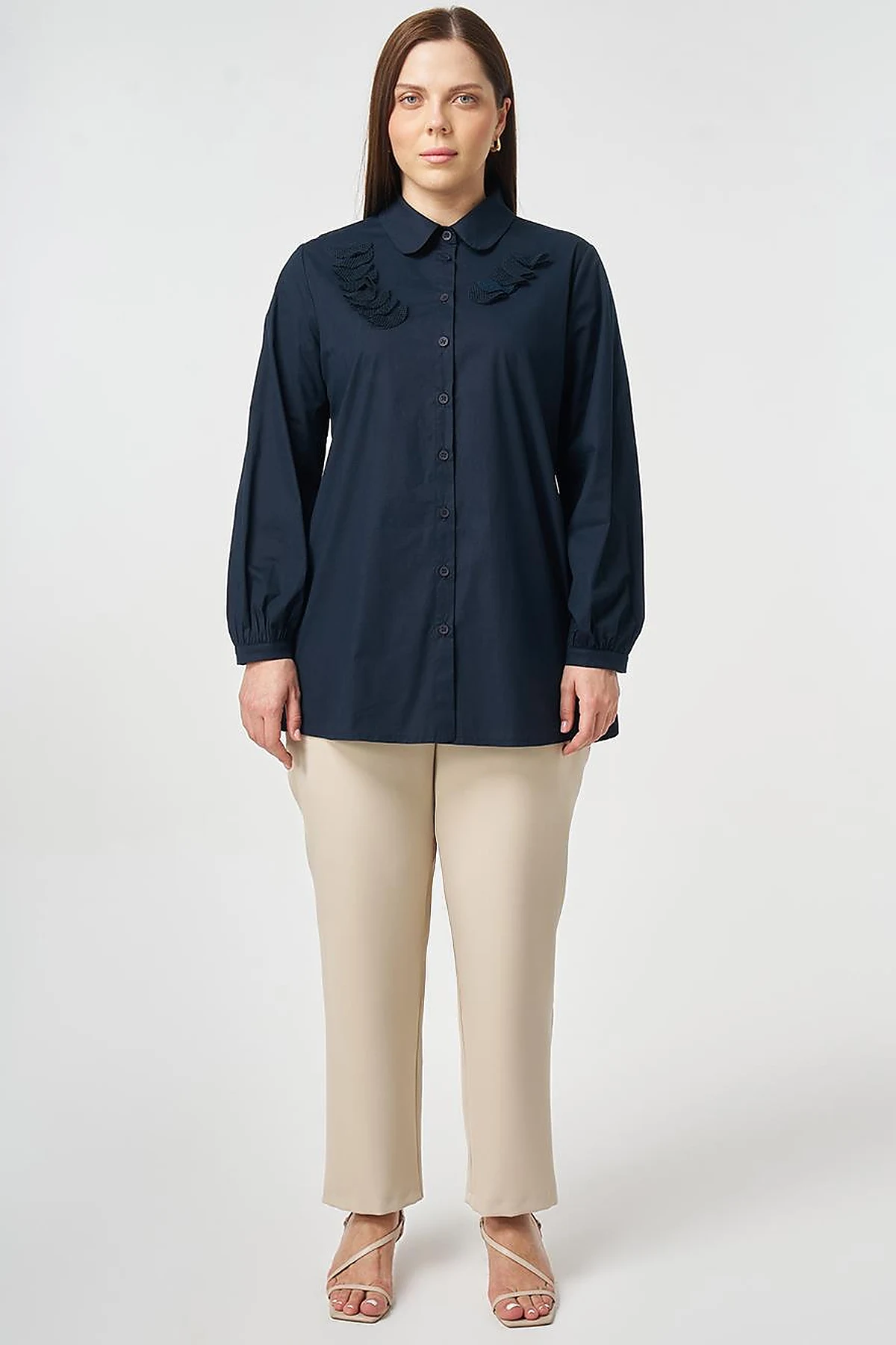 Mesh Trimmed Peter Baby Collar Blouse Dark Navy