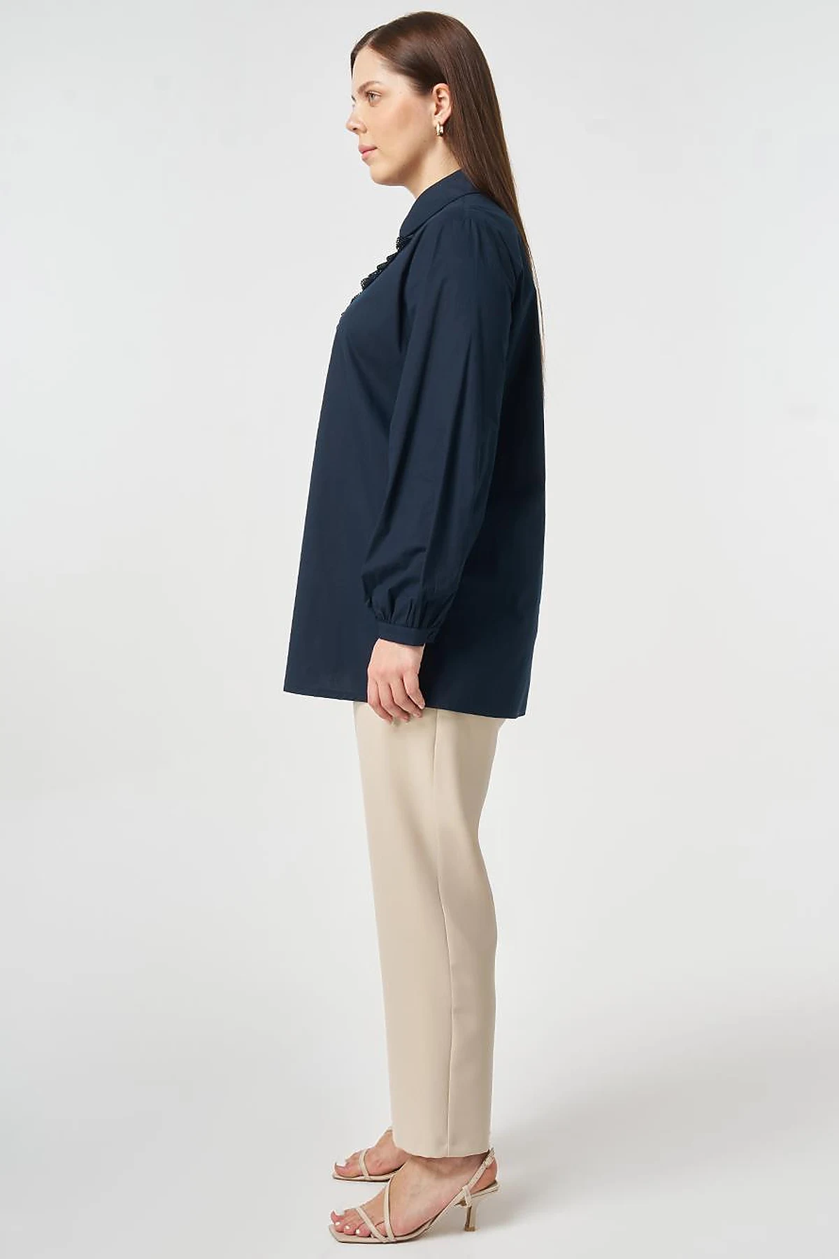 Mesh Trimmed Peter Baby Collar Blouse Dark Navy