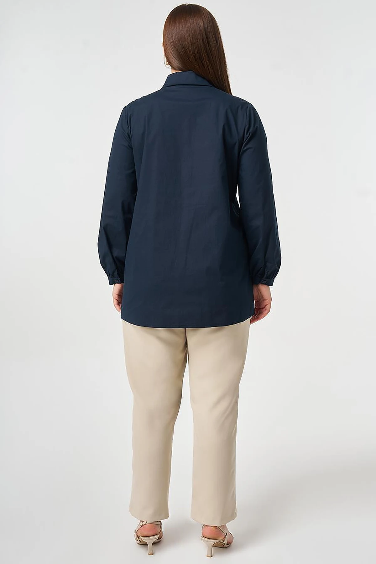Mesh Trimmed Peter Baby Collar Blouse Dark Navy