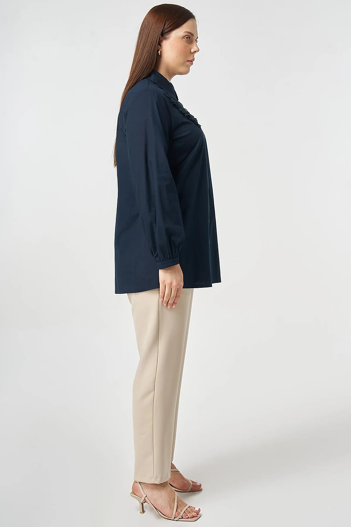 Mesh Trimmed Peter Baby Collar Blouse Dark Navy