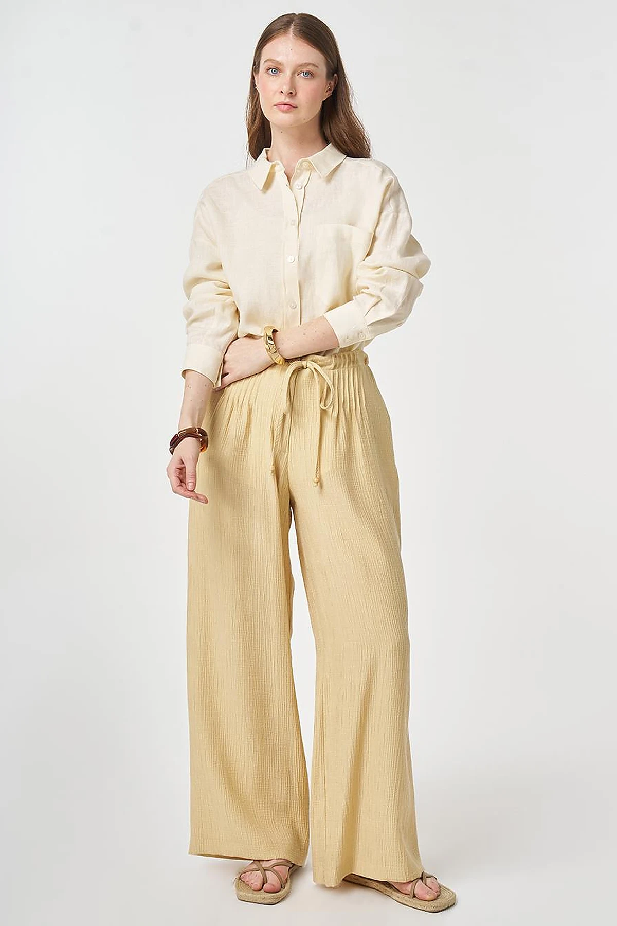 Wide Leg Crinkle Trousers Light Yellow