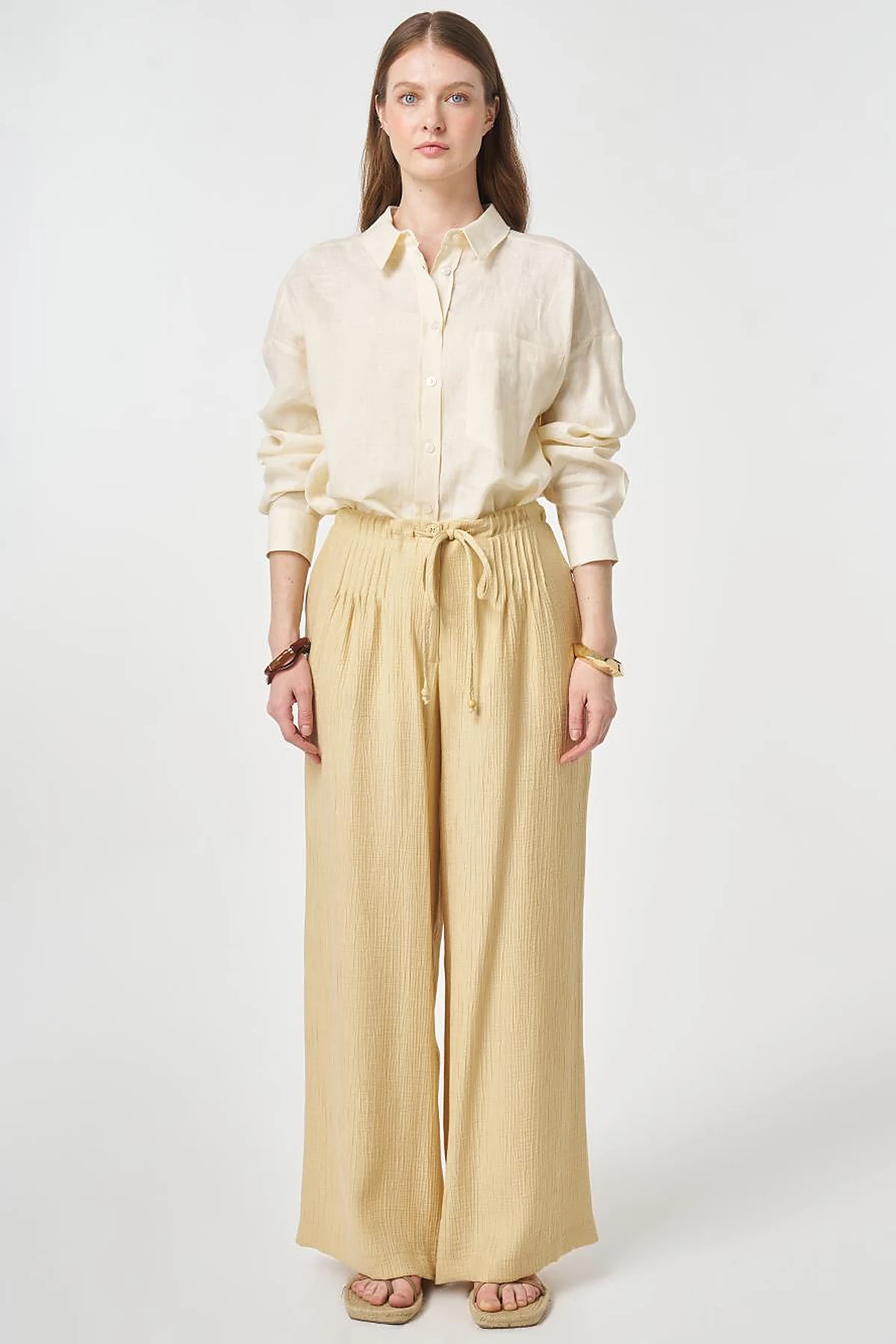 Wide Leg Crinkle Trousers Light Yellow