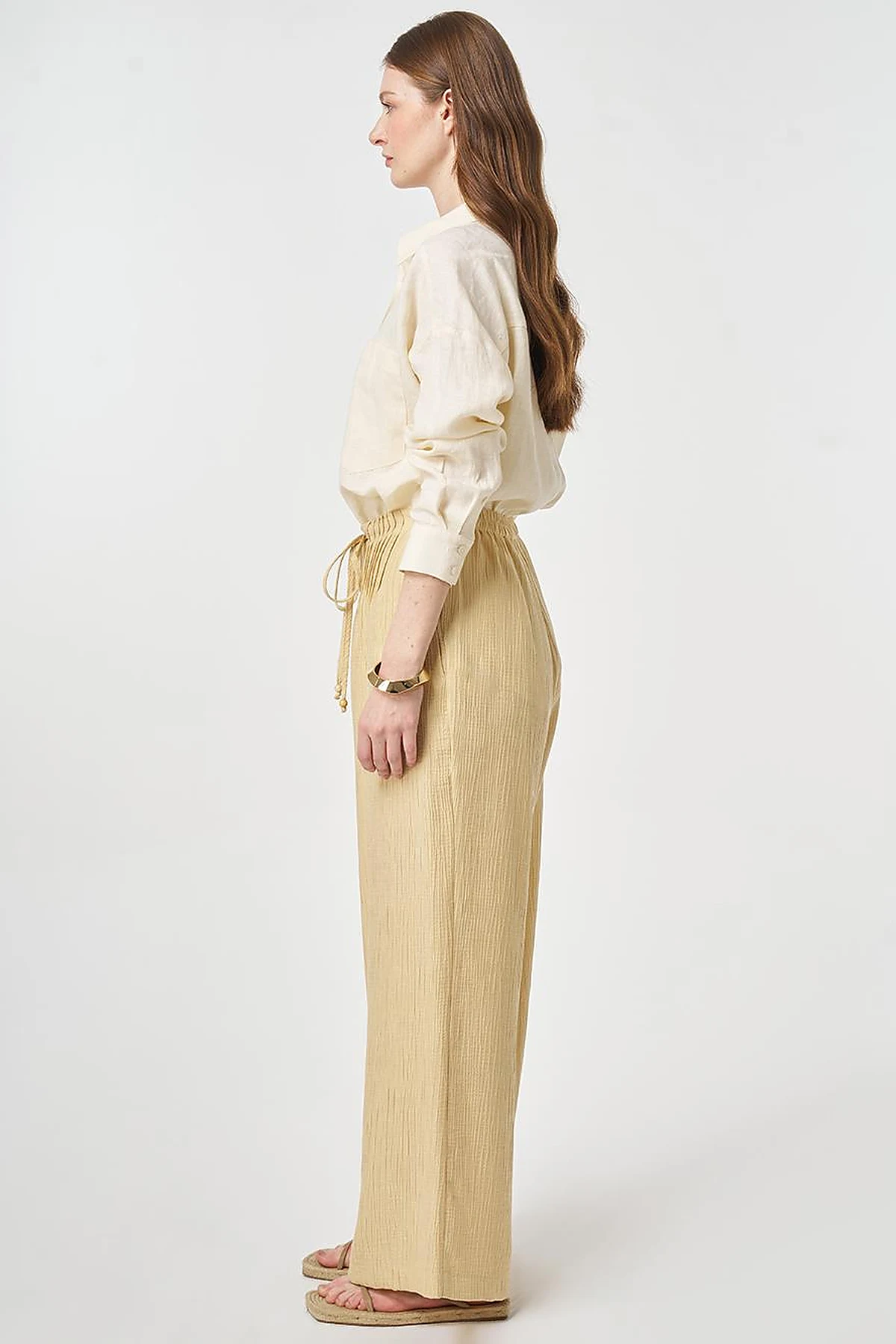 Wide Leg Crinkle Trousers Light Yellow
