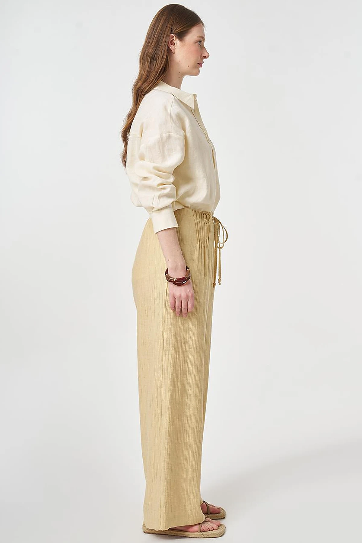 Wide Leg Crinkle Trousers Light Yellow