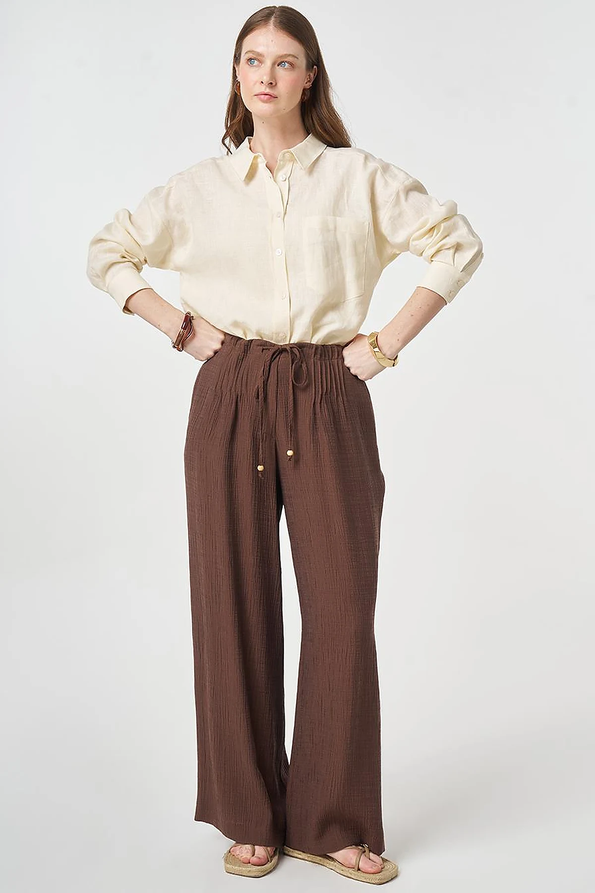 Wide Leg Crinkle Trousers Chocolate