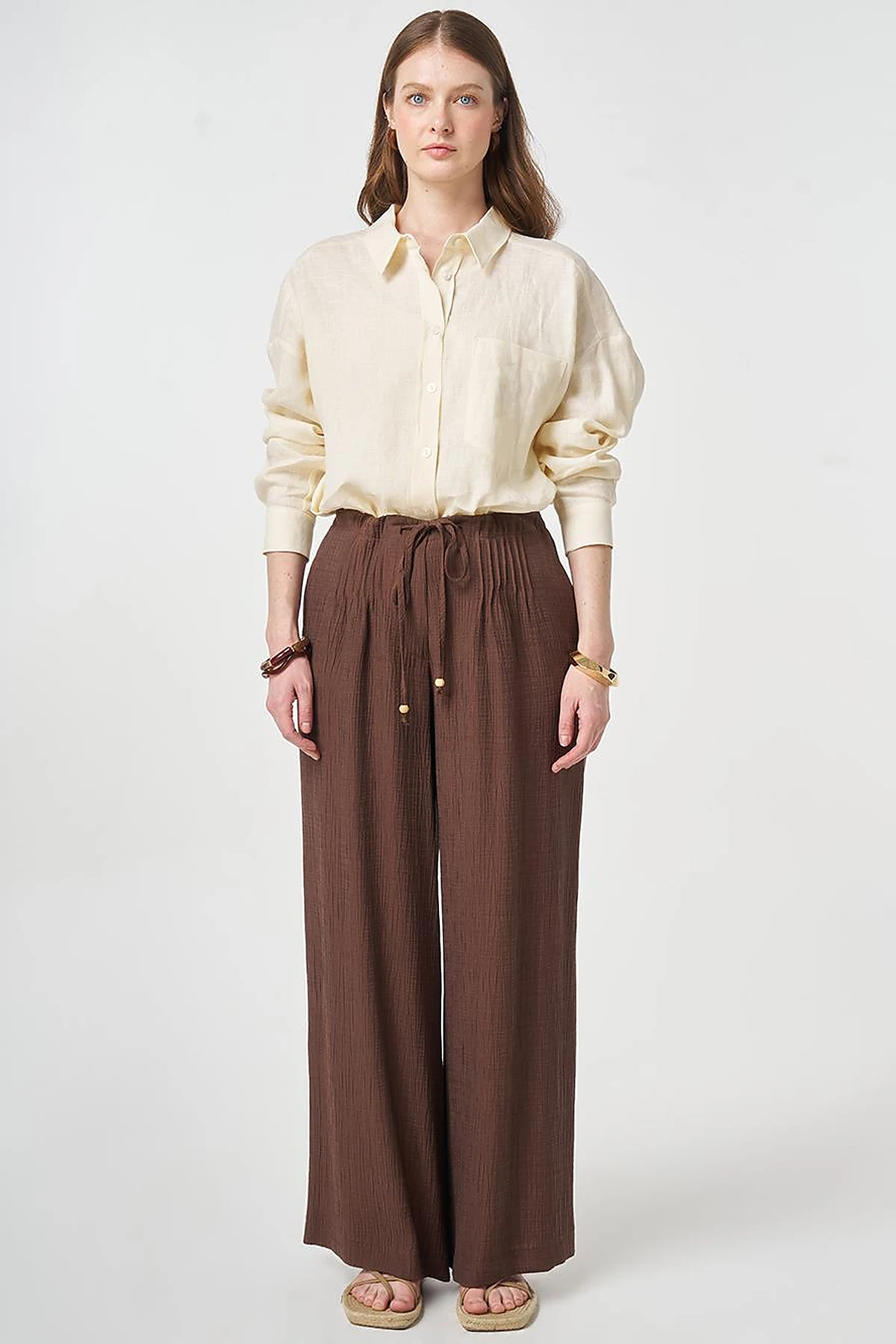 Wide Leg Crinkle Trousers Chocolate