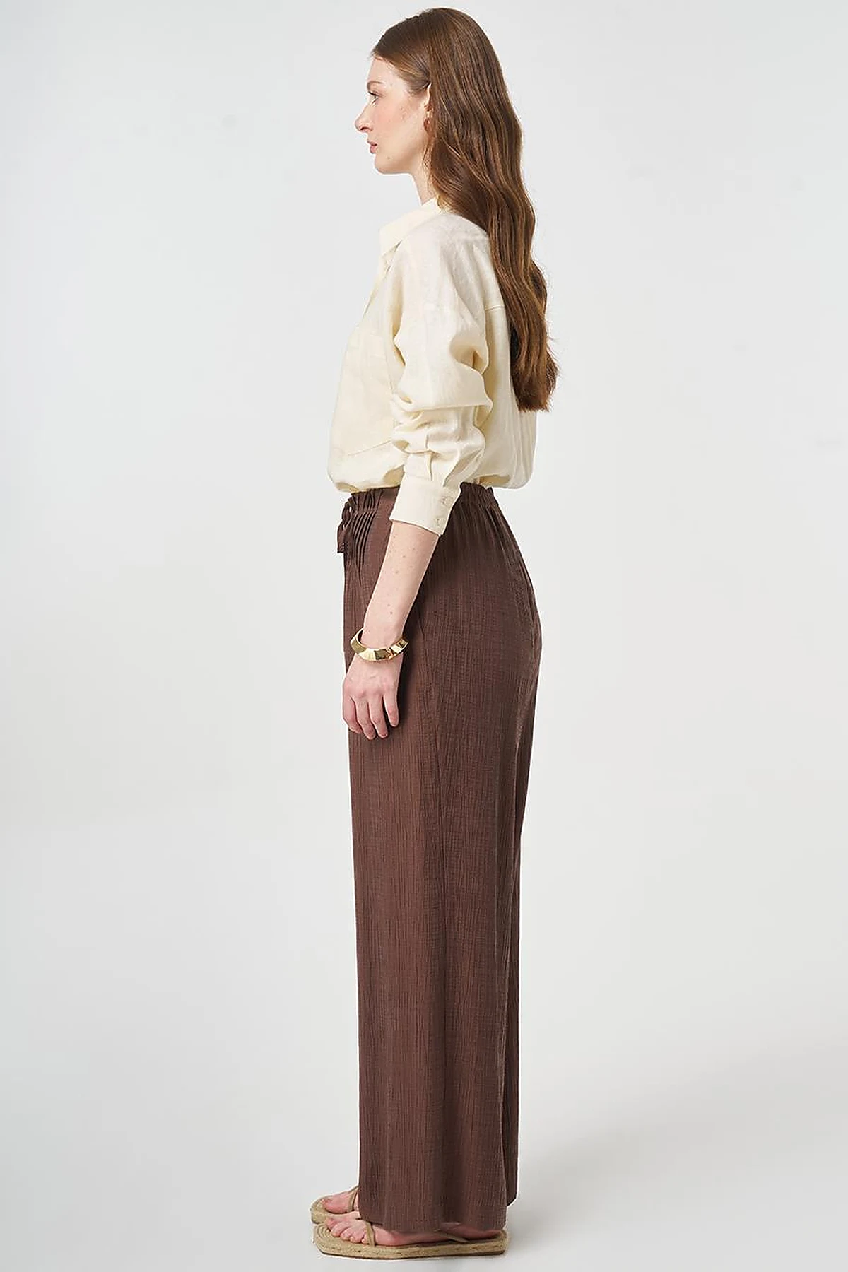 Wide Leg Crinkle Trousers Chocolate