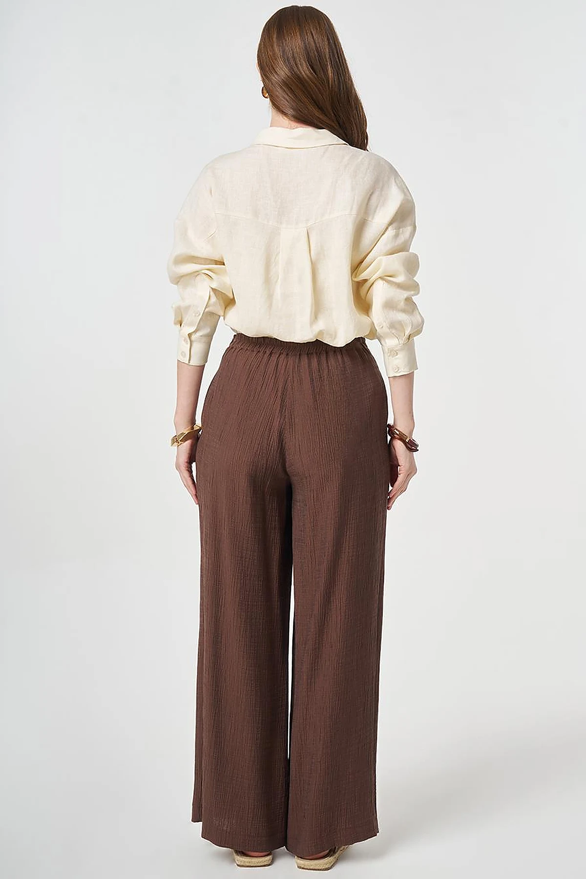 Wide Leg Crinkle Trousers Chocolate