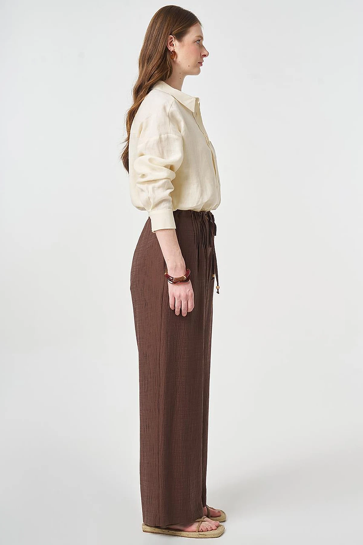 Wide Leg Crinkle Trousers Chocolate