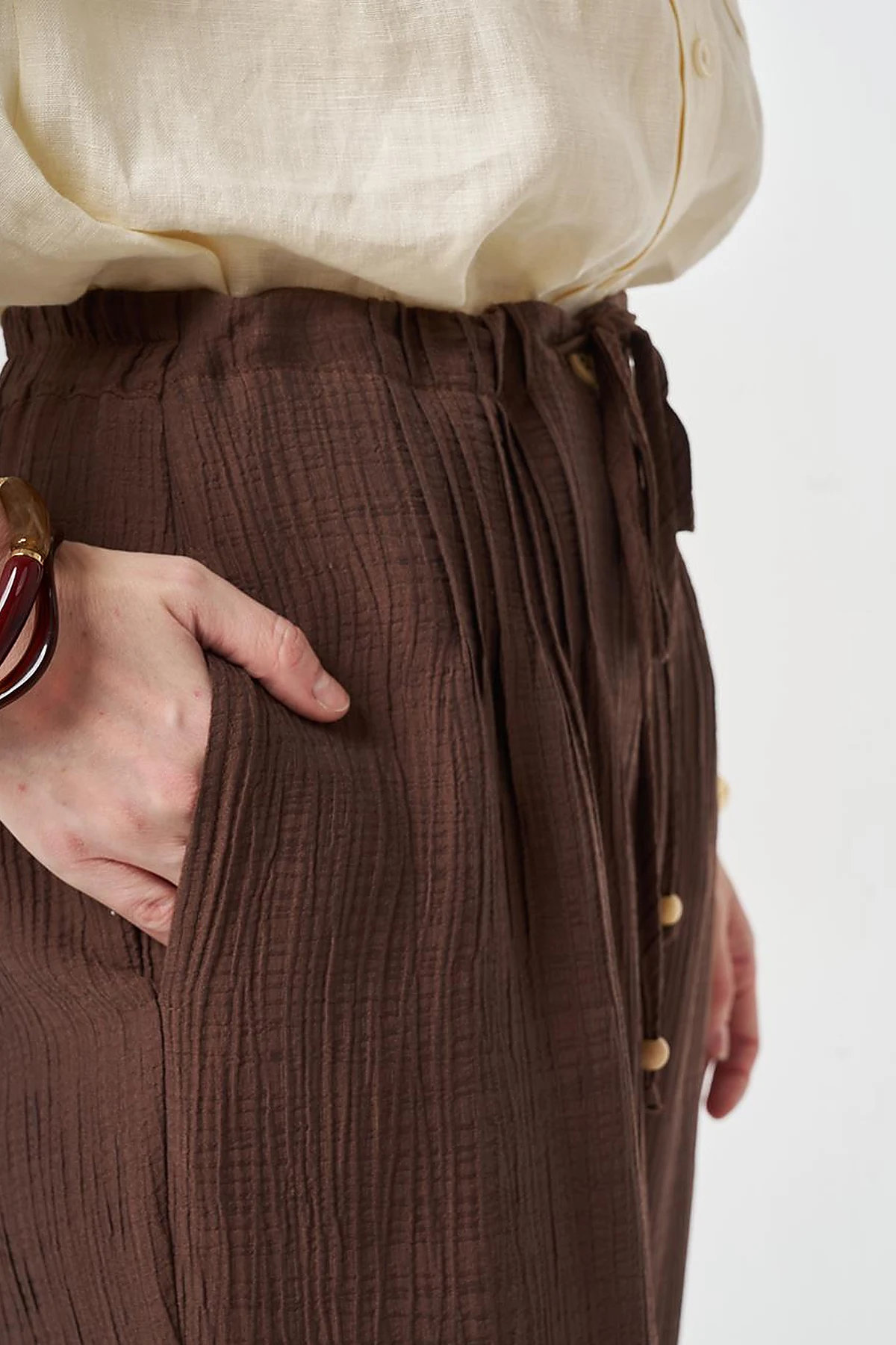 Wide Leg Crinkle Trousers Chocolate