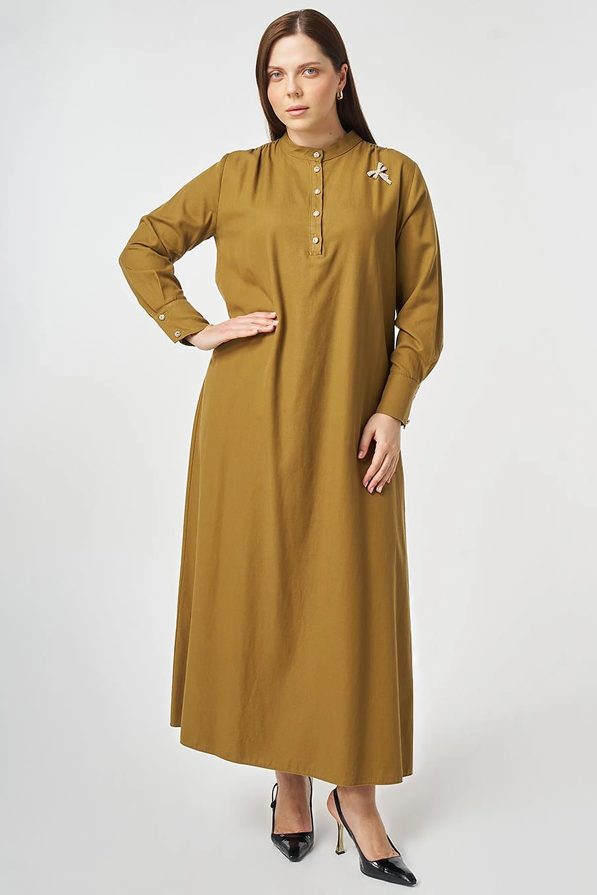 Mandarin Collar Lyocell Cotton Dress Dark Olive