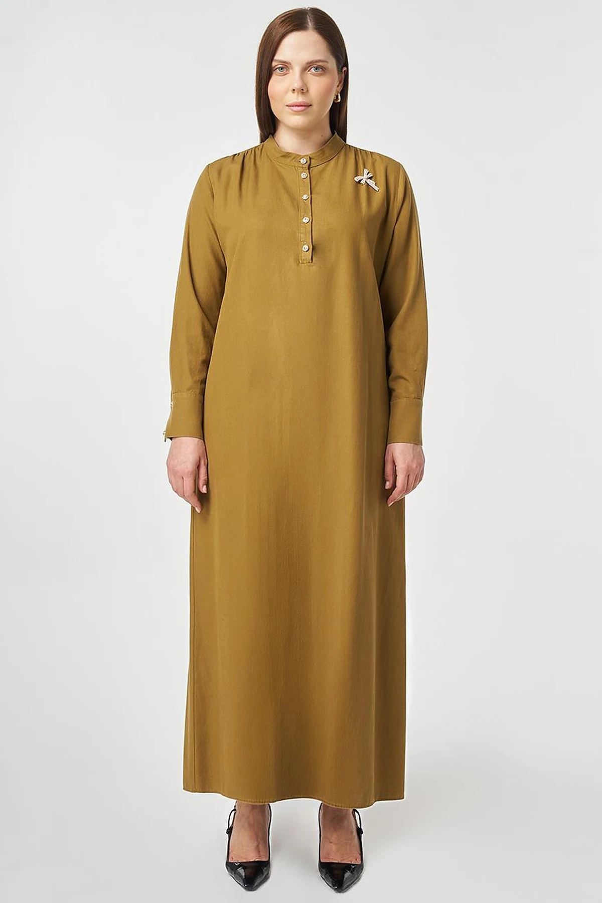 Mandarin Collar Lyocell Cotton Dress Dark Olive