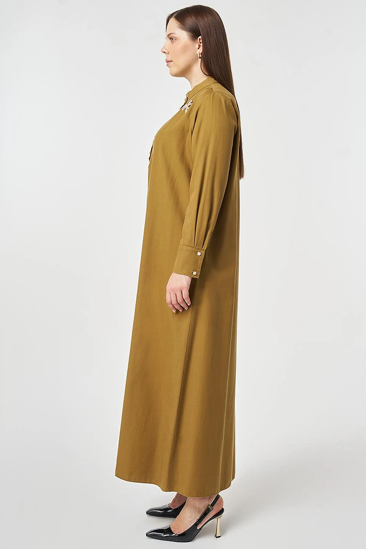 Mandarin Collar Lyocell Cotton Dress Dark Olive
