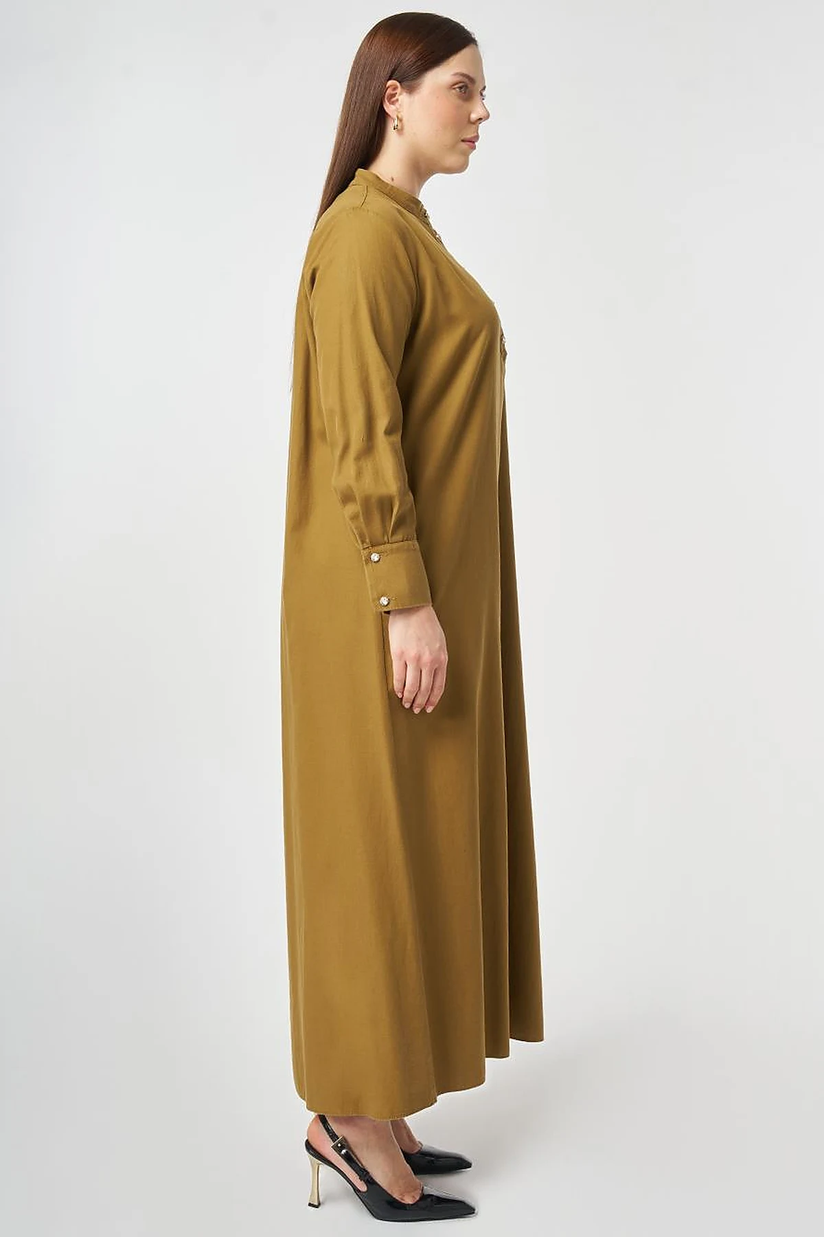 Mandarin Collar Lyocell Cotton Dress Dark Olive