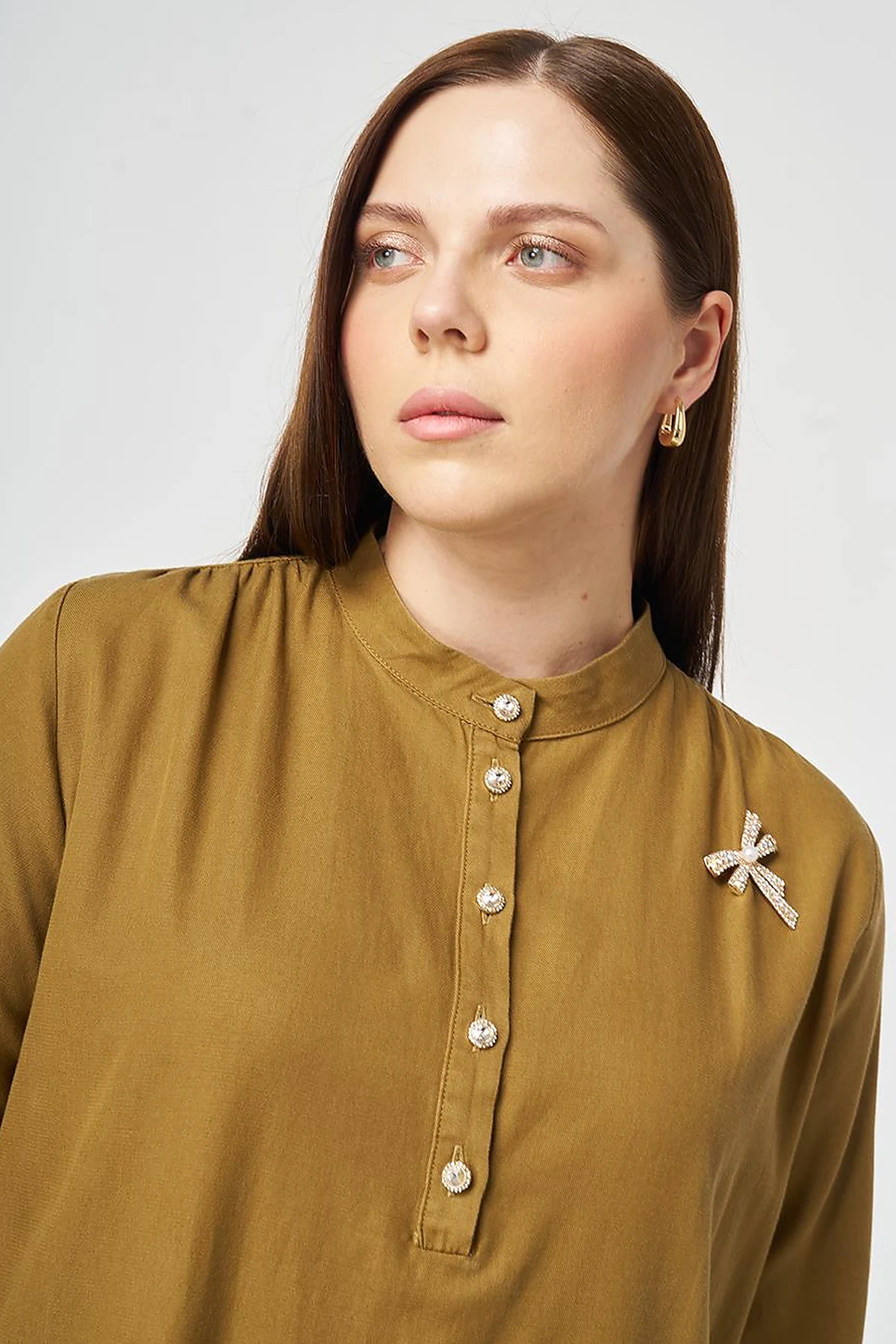 Mandarin Collar Lyocell Cotton Dress Dark Olive