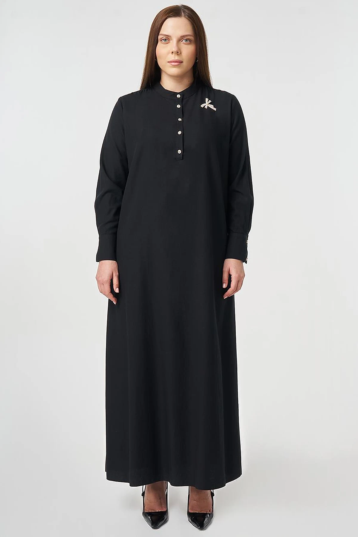 Mandarin Collar Lyocell Cotton Dress Black