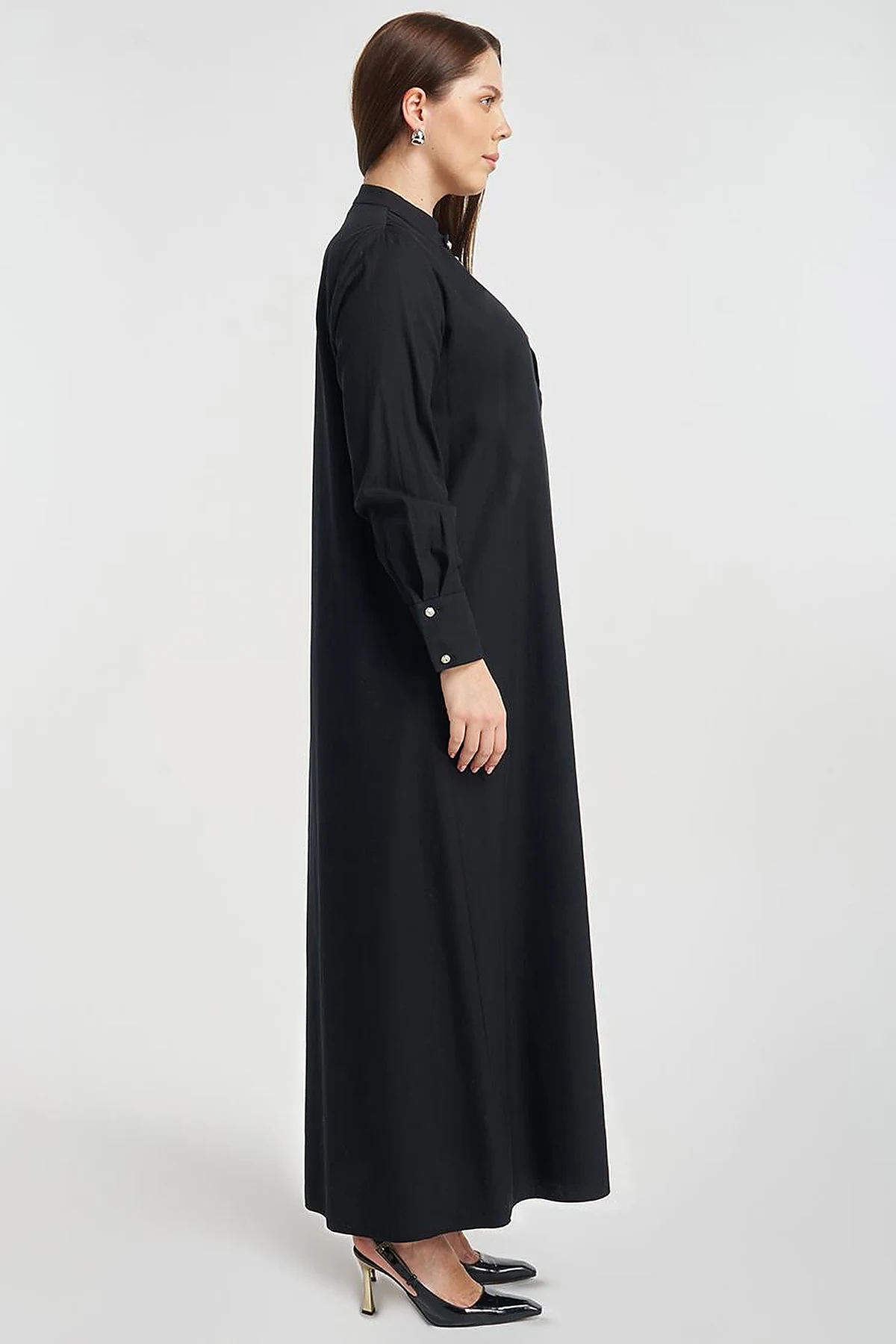 Mandarin Collar Lyocell Cotton Dress Black