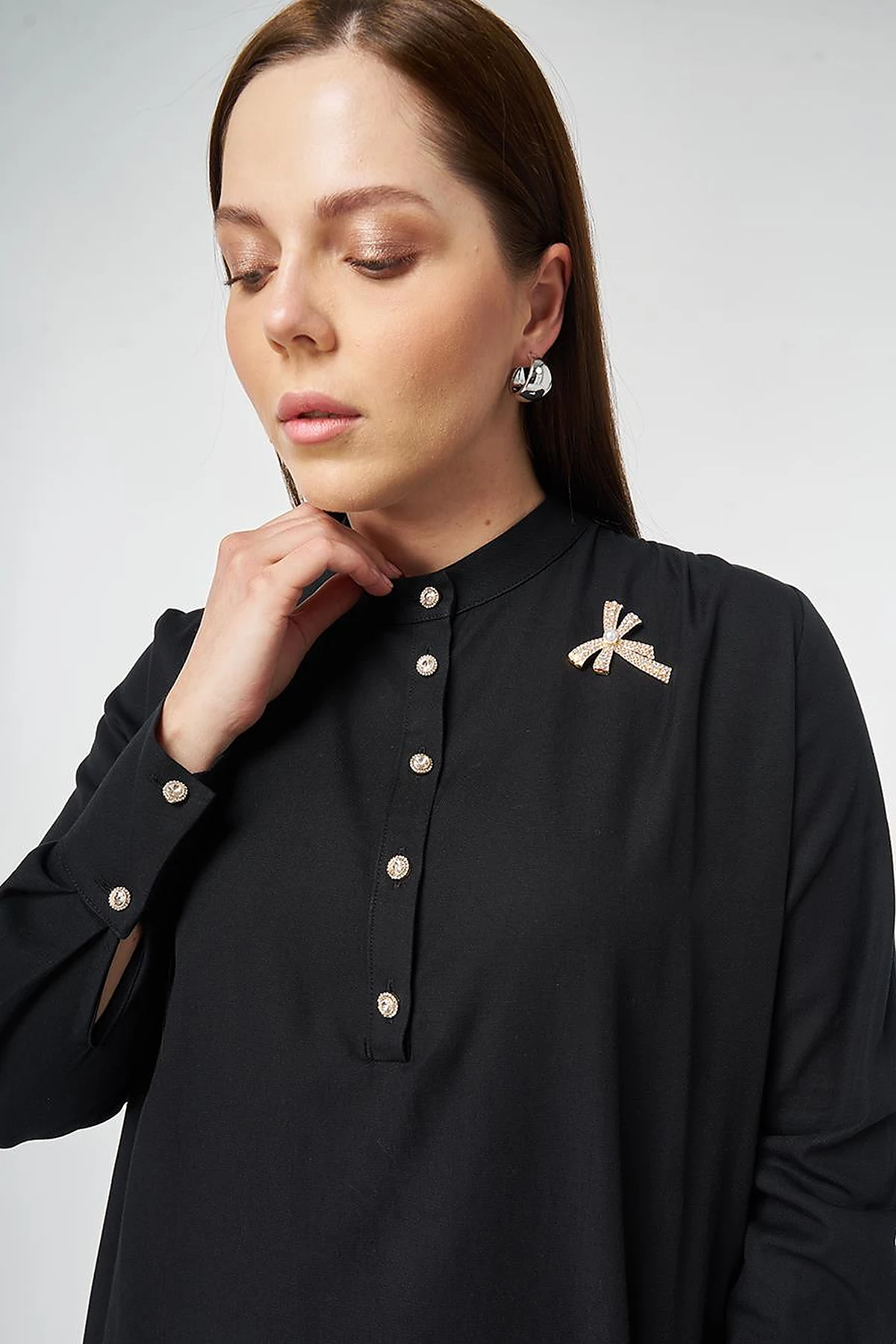Mandarin Collar Lyocell Cotton Dress Black