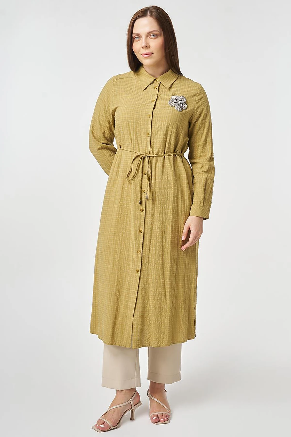 Embroidered Textured Tunic Olive Green
