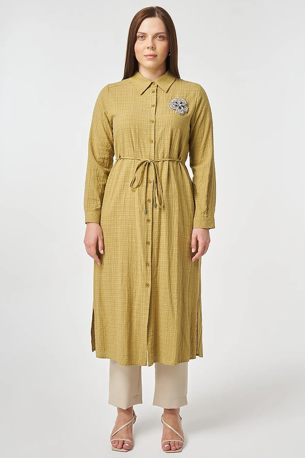 Embroidered Textured Tunic Olive Green