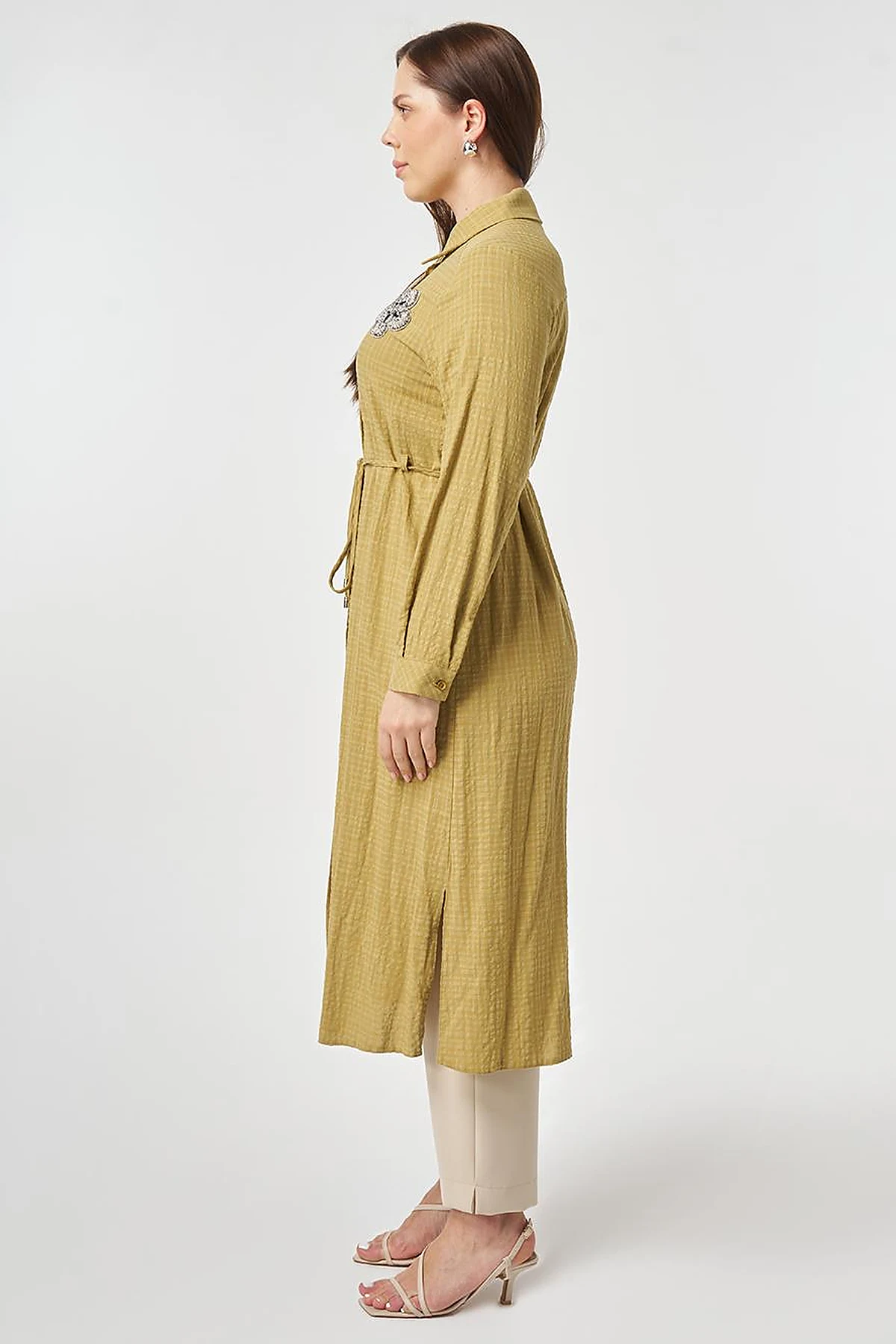 Embroidered Textured Tunic Olive Green