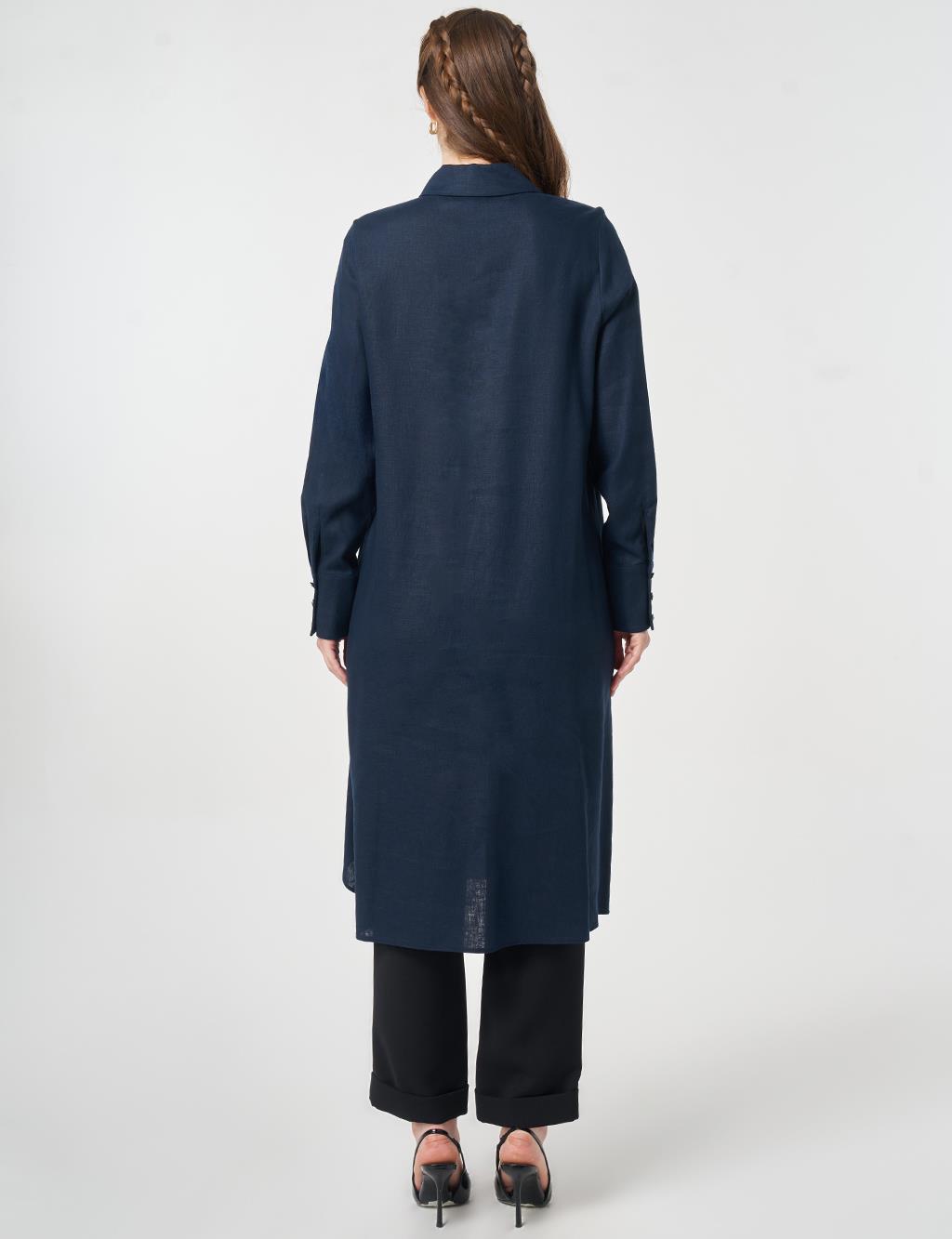 Asymmetrical Cut Linen Lyocell Tunic Dark Navy Blue