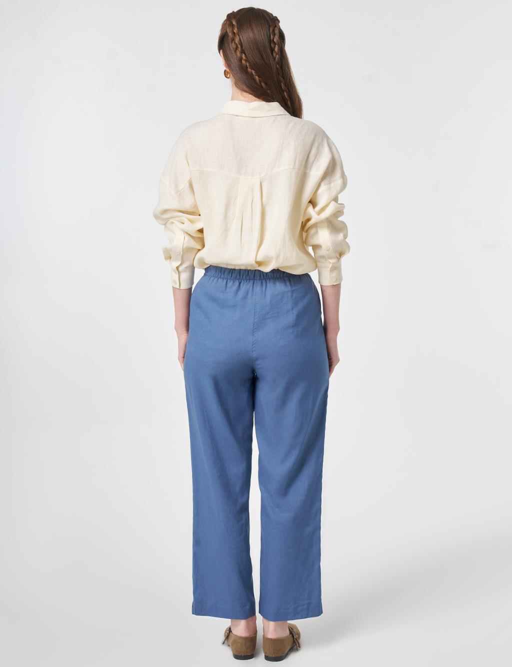 Pleated Detail Linen Pants Indigo