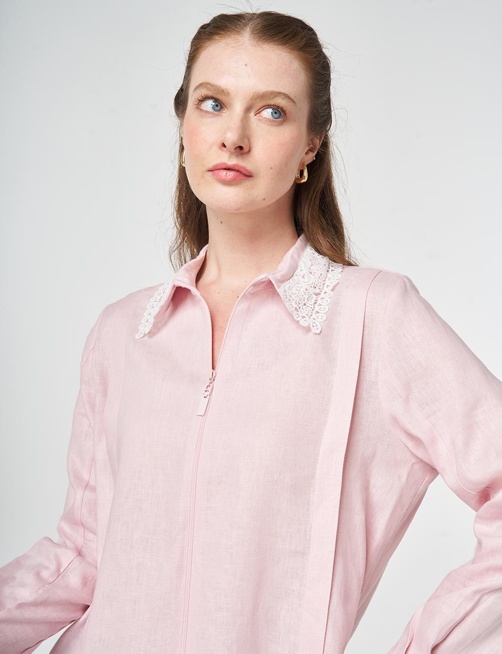 Collar-Detail Linen Lyocell Tunic Powder Pink