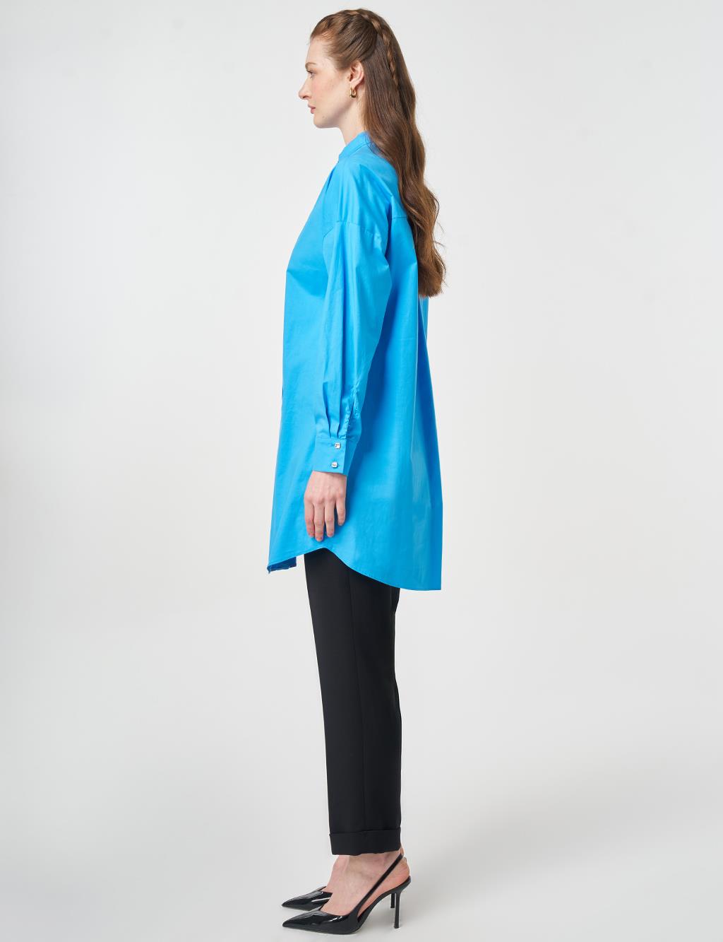 Lattice-Knit Mandarin Collar Cotton Tunic Sky Blue