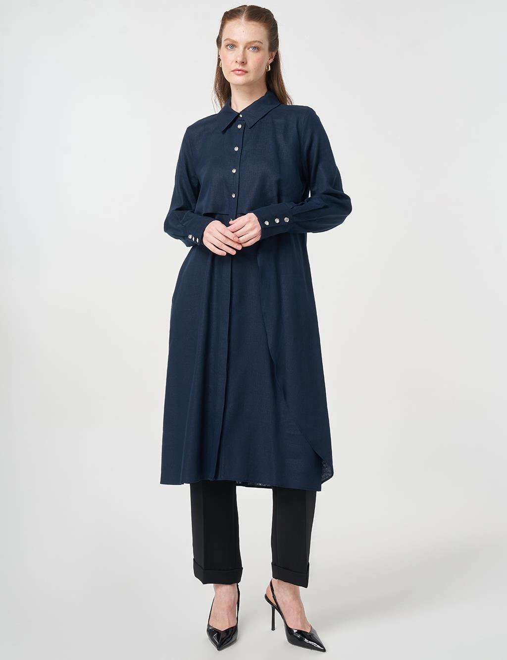 Asymmetrical Cut Linen Lyocell Tunic Dark Navy Blue
