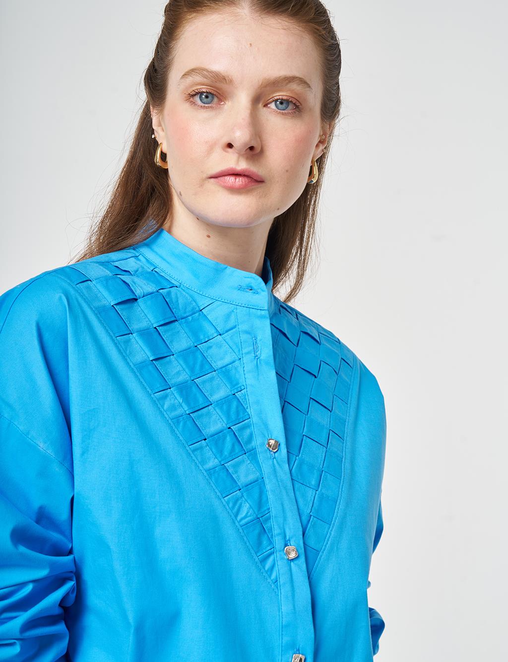 Lattice-Knit Mandarin Collar Cotton Tunic Sky Blue