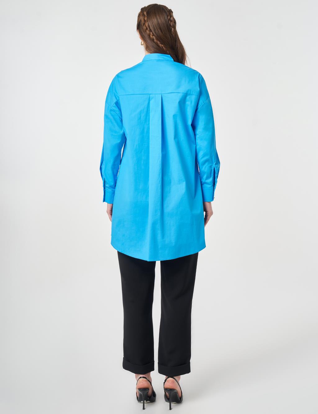 Lattice-Knit Mandarin Collar Cotton Tunic Sky Blue