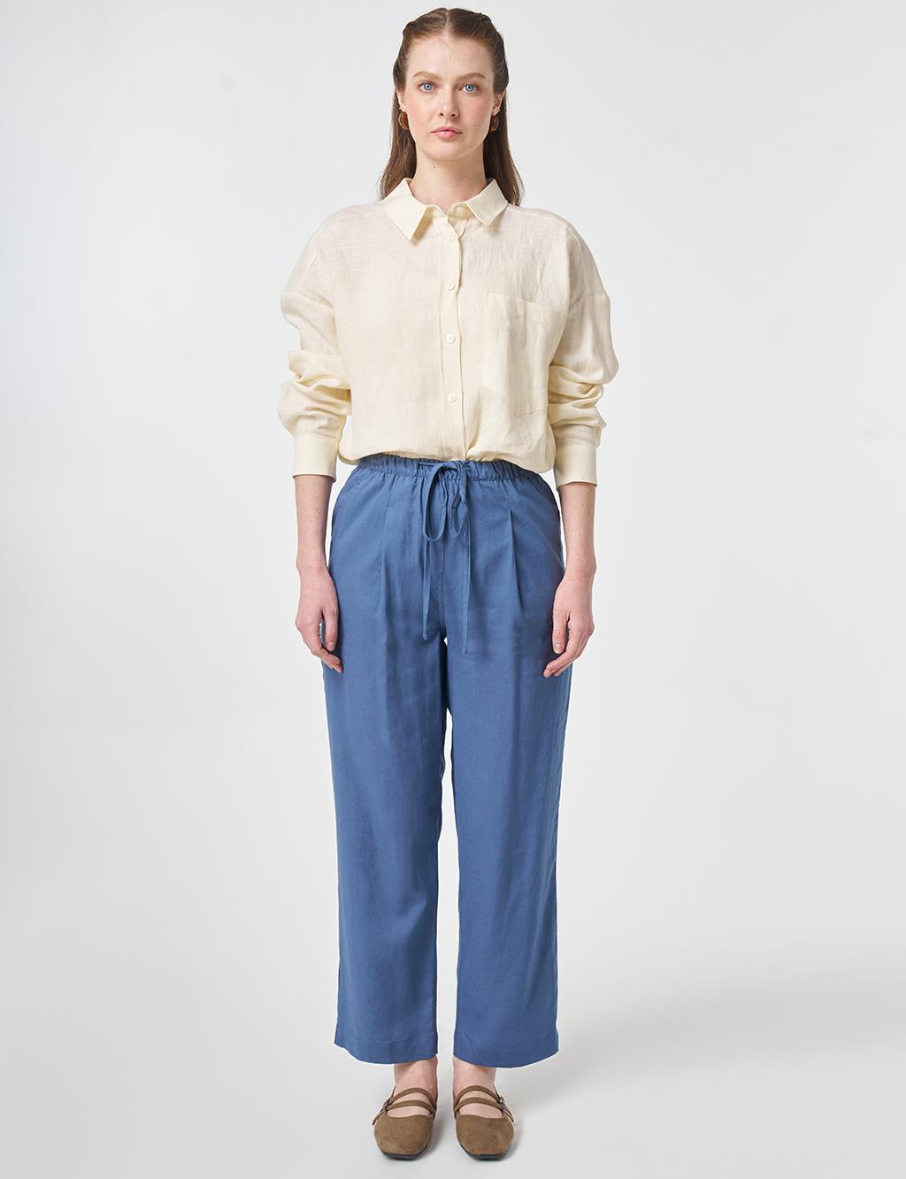 Pleated Detail Linen Pants Indigo