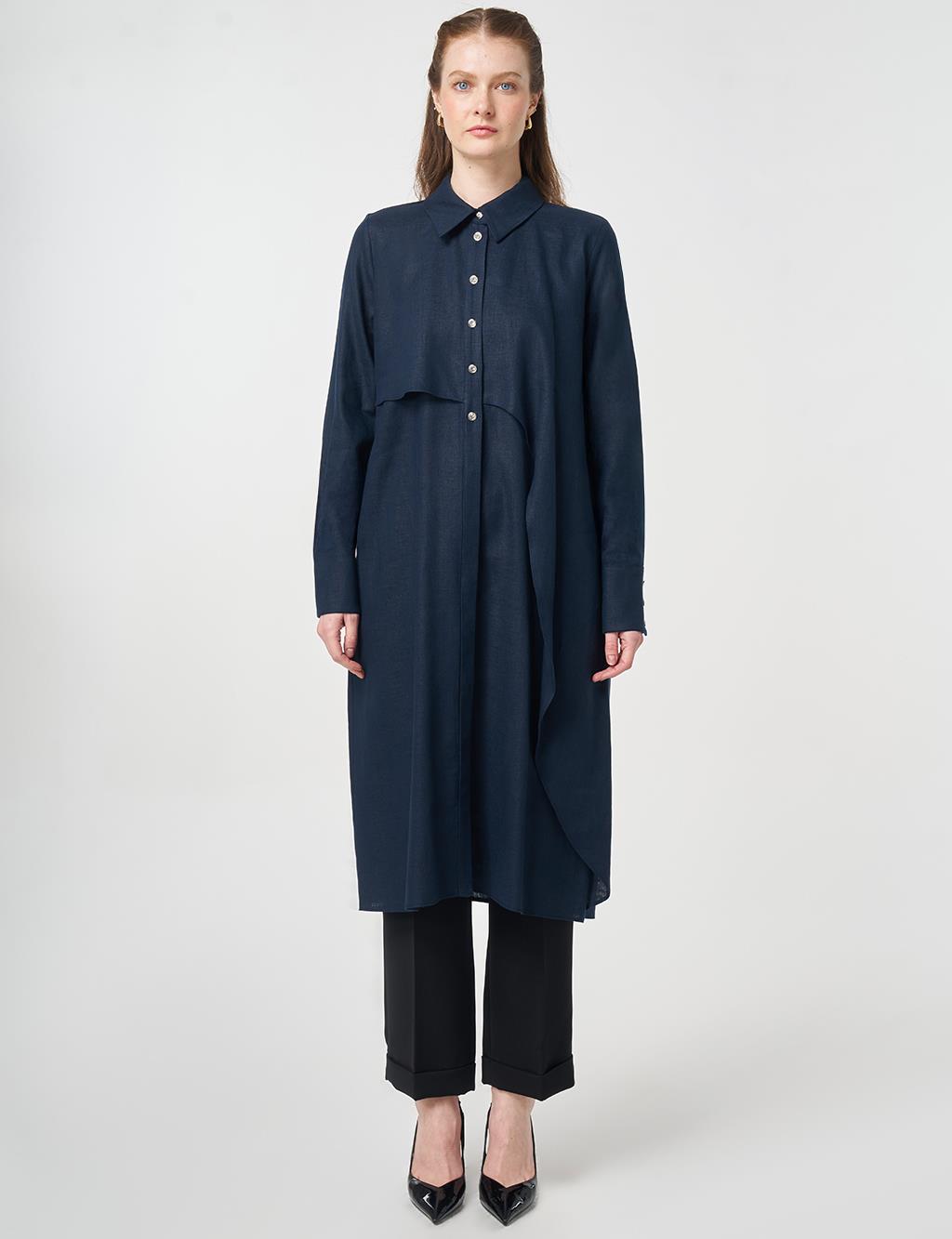 Asymmetrical Cut Linen Lyocell Tunic Dark Navy Blue