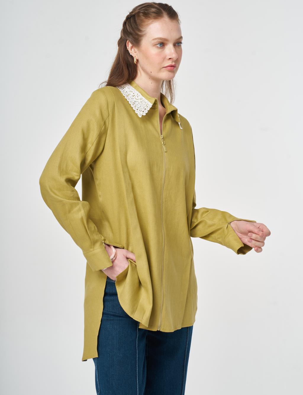 Collar-Detail Linen Lyocell Tunic Olive Green