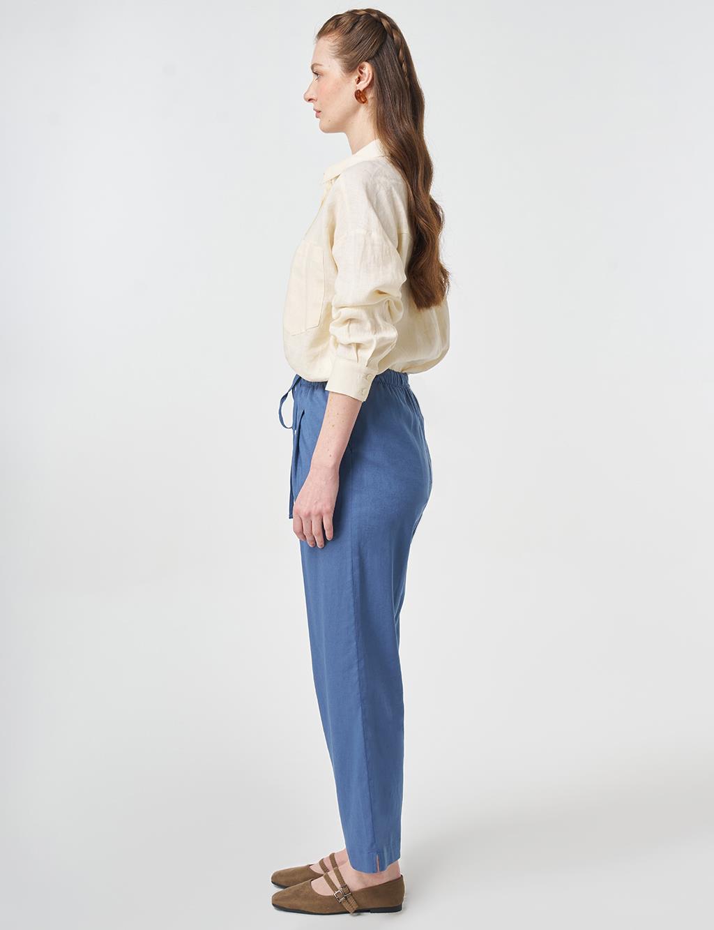 Pleated Detail Linen Pants Indigo