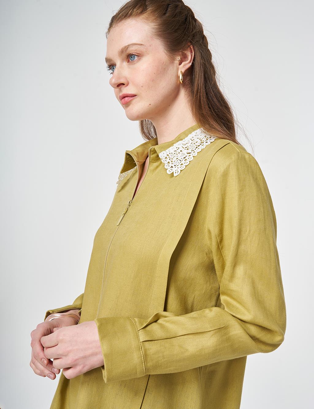 Collar-Detail Linen Lyocell Tunic Olive Green